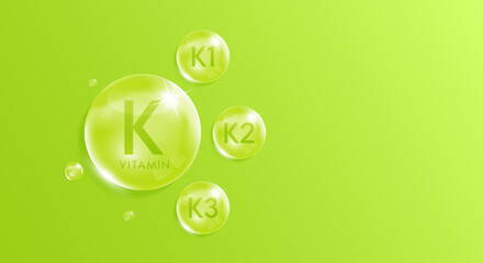 Vitamin K complex droplet. Chemical formula nature extracted from fruits and vegetables. Minerals water green. With copy space for text. Medical scientific concepts. Realistic 3D Vector.
