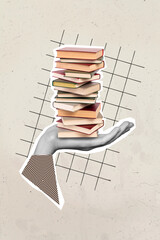 Collage photo concept of arm hold stack books from library shop get knowledge from literature...