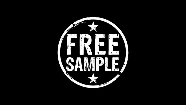 Free sample stamp and hand stamping impact isolated animation. Gratis shopping retail product promotion 3D rendered concept. Alpha matte channel.