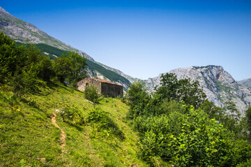 Fototapeta na wymiar Mountain landscape and sheepfold, Picos de Europa, Asturias, Spain