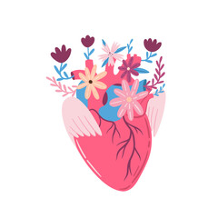 Blooming human heart. Flowers grow from heart. Valentine’s day concept illustration. Vector clipart for greeting cards, wedding invitations, party, birthday cards.