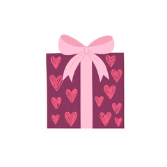 Valentine’s day gift box with pink ribbon and big bow. Vector clipart for greeting cards, wedding invitations, party, birthday cards
