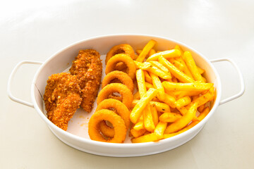 Fried Chicken breast hot crispy strips crunchy chicken tenders  isolated on white background.Nuggets isolated on white background on a plate