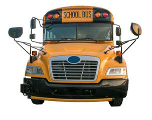 Front view of a yellow school bus, transparent PNG