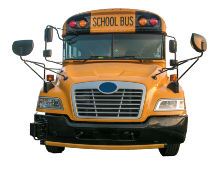Front view of a yellow school bus, transparent PNG