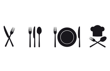 Iconos señales de cuchillería y restaurante sobre un un fondo blanco liso y aislado. Vista de frente y de cerca. Copy space