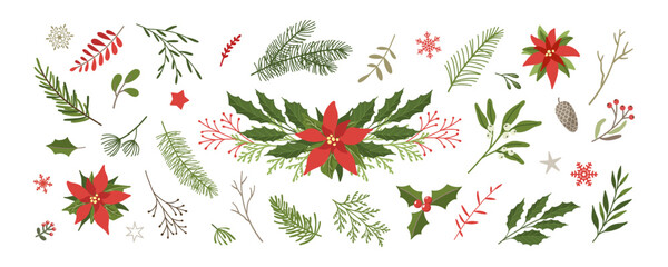 Christmas floral design elements set. Fir branches, leaves, tree twigs, berries, flowers, poinsettia, mistletoe, snowflakes and stars. Christmas decoration in a flat style on a white background