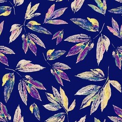 Abstract  leaves, mix of prints, repeat seamless pattern. Digital hand drawing with hand painted texture. endless mixed. Background for header, image for blog, decoration. Wallpaper, textile design.