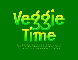 Vector concept emblem Veggie time. Green gradient Font. Creative Alphabet Letters, Numbers and Symbols set