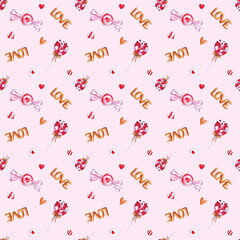 Valentines day pattern watercolor illustration with candies, speech bubble heart and love 