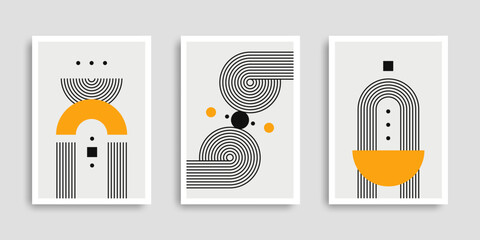 Set of abstract contemporary posters with geometric shapes. Collection of wall art. Modern boho minimalist art. Vector illustration. Design for print poster, cover, wallpaper. Stock.