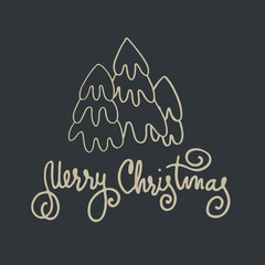 Merry Christmas greeting card, holiday illustration. Hand lettering, ornamental Christmas trees like gold