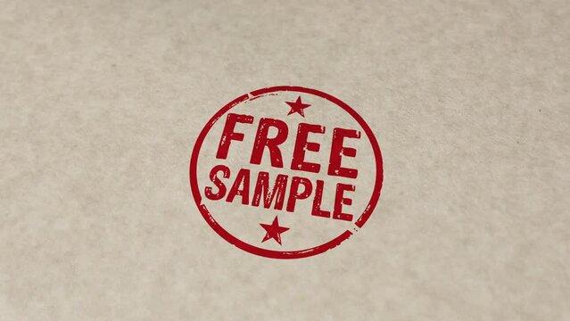 Free sample stamp and hand stamping impact animation. Gratis shopping retail product promotion 3D rendered concept.