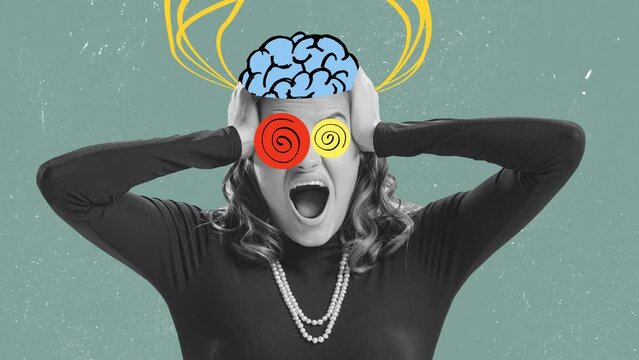 Contemporary artwork. Conceptual design with young woman emotionally screaming. Overwhelming. Stop motion, animation