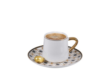Hot Turkish coffee on black background, steam coming out of freshly cooked.,unground png photo