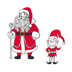 Santa Claus and elf helper in doodle style with red. For decoration of congratulations or Secret Santa for Christmas.