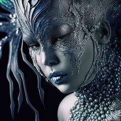 a festival fantasy masked female model closeup portrait. fictitious generative AI artwork that doesn't exist in real life.
  