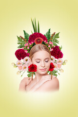 Poster collage of elegant purity lady apply beauty flower vitamins gel on shoulders over yellow background