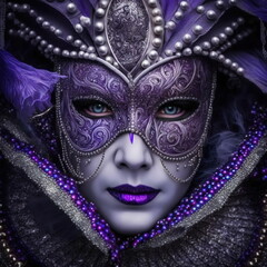 a festival fantasy masked female model closeup portrait. fictitious generative AI artwork that doesn't exist in real life.
  