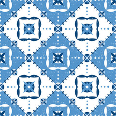 Portuguese tiles pattern seamless vector with blue and white ornaments. Azulejos, mexican talavera, italian majolica or spanish ceramic. Porcelain background