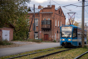 Soviet tram on street in Tomsk, Siberia