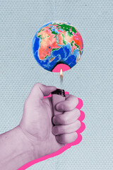 Collage photo of hand hold lighter blaming sphere planet earth killing environment flame melts...