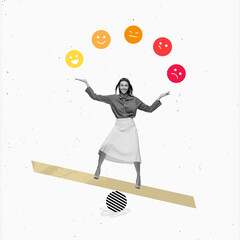 Happy young business woman balancing on swing with emotions icons over light background. Contemporary art collage. Mental health, human emotions