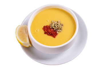 Lentil soup. Strained lentil soup isolated on white background. Traditional Turkish cuisine. Close-up. local name suzme mercimek corbasi