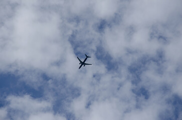 the sky with clouds and the silhouette of the plane in the sky, the background is natural