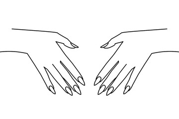 Line illustration of female hands with long nails. Minimalist contour art. Can be used for nail salons, manicure business, cosmetics stores, nail polish advertisement, designs, posters. Hand care