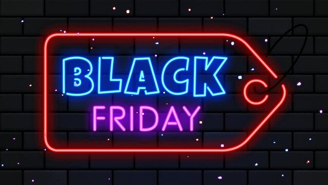 Black friday sale neon frame. Sign light electric banner glowing on black brickwall background.