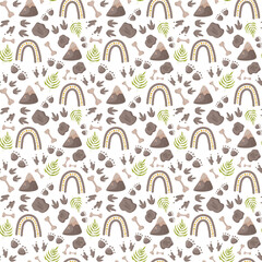 Dinosaur seamless pattern footprint tracks. Minimal color background with paw, stones, rainbow. Dinosaur footprint seamless pattern perfect for textile, wrap and wallpaper and design.