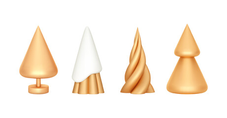 3d set abstract christmas tree isolation . Gold holiday decorations in cartoon style. Glossy New year and xmas tree shapes. Vector realistic elements