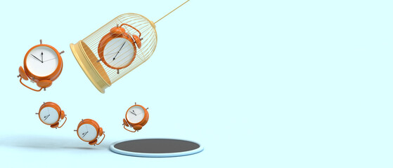 Creative idea and Business concept. clock trappings of time to advance business in future - Leading the way with time management to work for the development of industry concept on Blue -3d Rendering