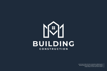 House with letter M logo design. building architectural logo vector.