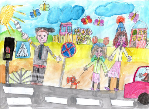 Child drawing buildings and cars. Happy family on a walk. Traffic controller. Pencil art in childish style
