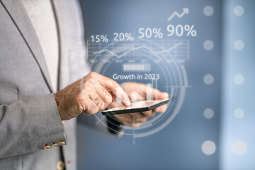 Business man hand pushing a button on a touch screen interface, Artificial inteligence business photo close up, with white colored hologram background.
Futuristic business stock concept