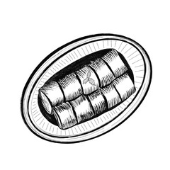 Sushi rolls hand drawn engraving sketch restaurant. Asian food veector illustration