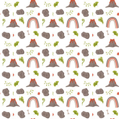 Dinosaur seamless pattern footprint tracks. Minimal color background with paw, stones, rainbow. Dinosaur footprint seamless pattern perfect for textile, wrap and wallpaper and design.