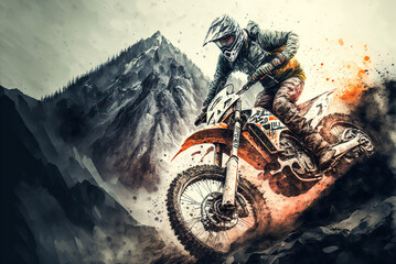 A muscular man in protective gear speeds across the mountains on his dirt bike. Generative AI