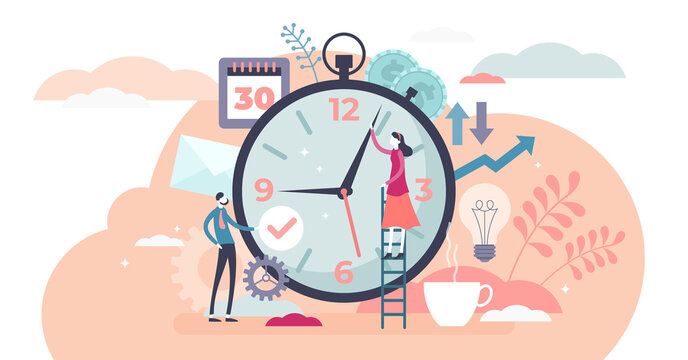 Time Management Concept, Flat Tiny Persons, Transparent Background Illustration. Married Couple Planning Daily Life Tasks And Schedule For The Fallowing Days. Work And Private Life Balance Success.