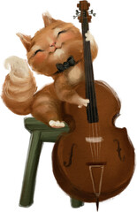 Cute watercolor woodland animal musician. Kitten with contrabass. Music forest animal character