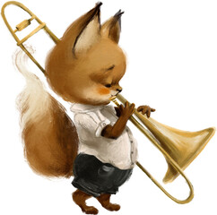 Cute watercolor woodland animal musician. Fox with trombone. Music forest animal character - 551842958