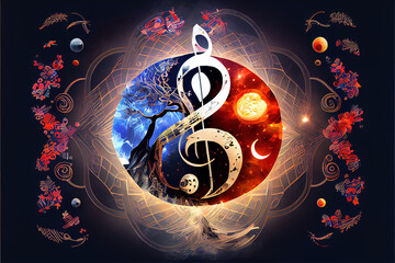 Majestic treble clef glowing amidst fiery swirls rises from an open music sheet, symbolizing the fusion of meditation and music in a cosmic, ethereal artwork.   generative ai 