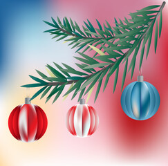 Christmas card with a Christmas tree branch and balls. New Year.
