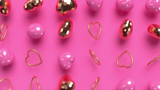 Random rotating gold glossy 3d hearts pattern. Love concept with for Valentines day or wedding. Pink background. 4k looped animation.