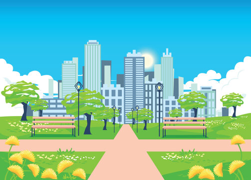 Vector illustration of a summer city park with trees, a park bench and lanterns on the background of a big city with skyscrapers in the daytime