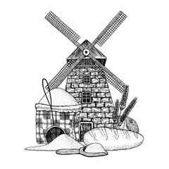 Mill. Hand-painted antique windmill. The composition of the mill, flour, baking. Bakery logo design on a white background
