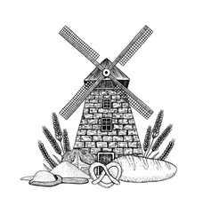 Mill. Hand-painted antique windmill. The composition of the mill, flour, baking. Bakery logo design on a white background	