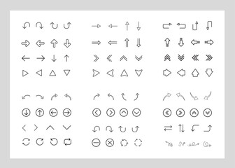 Set of black arrows vector icons. Arrow icon. For website design. Line arrow vector icon set in thin line style. Line Arrow icon set | Vector